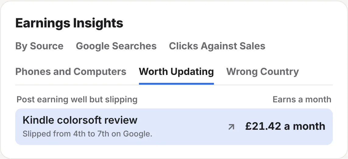The Worth Updating tab: Kindle colorsoft review earns £21.42 a month and slipped from 4th to 7th on Google
