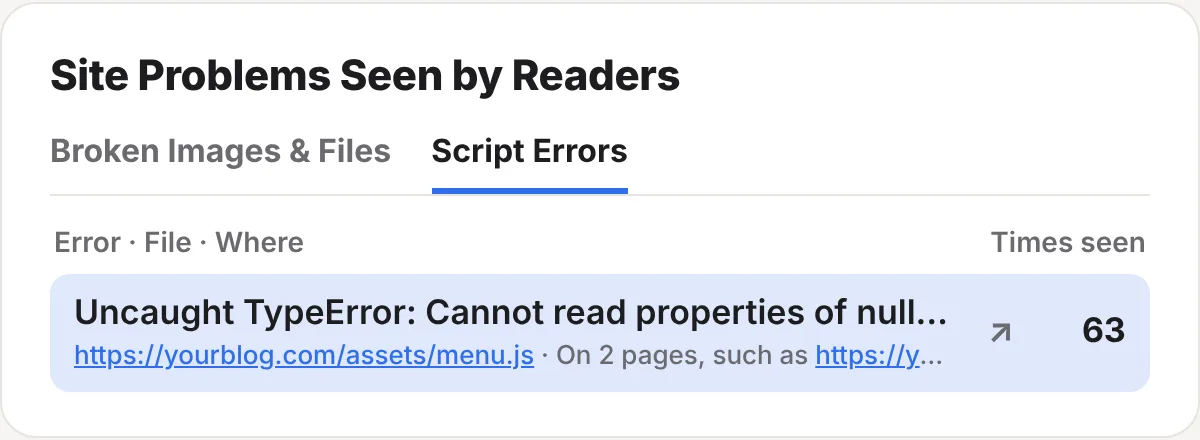 The Script Errors tab: Uncaught TypeError: Cannot read properties of null, from menu.js, seen 63 times on 2 pages