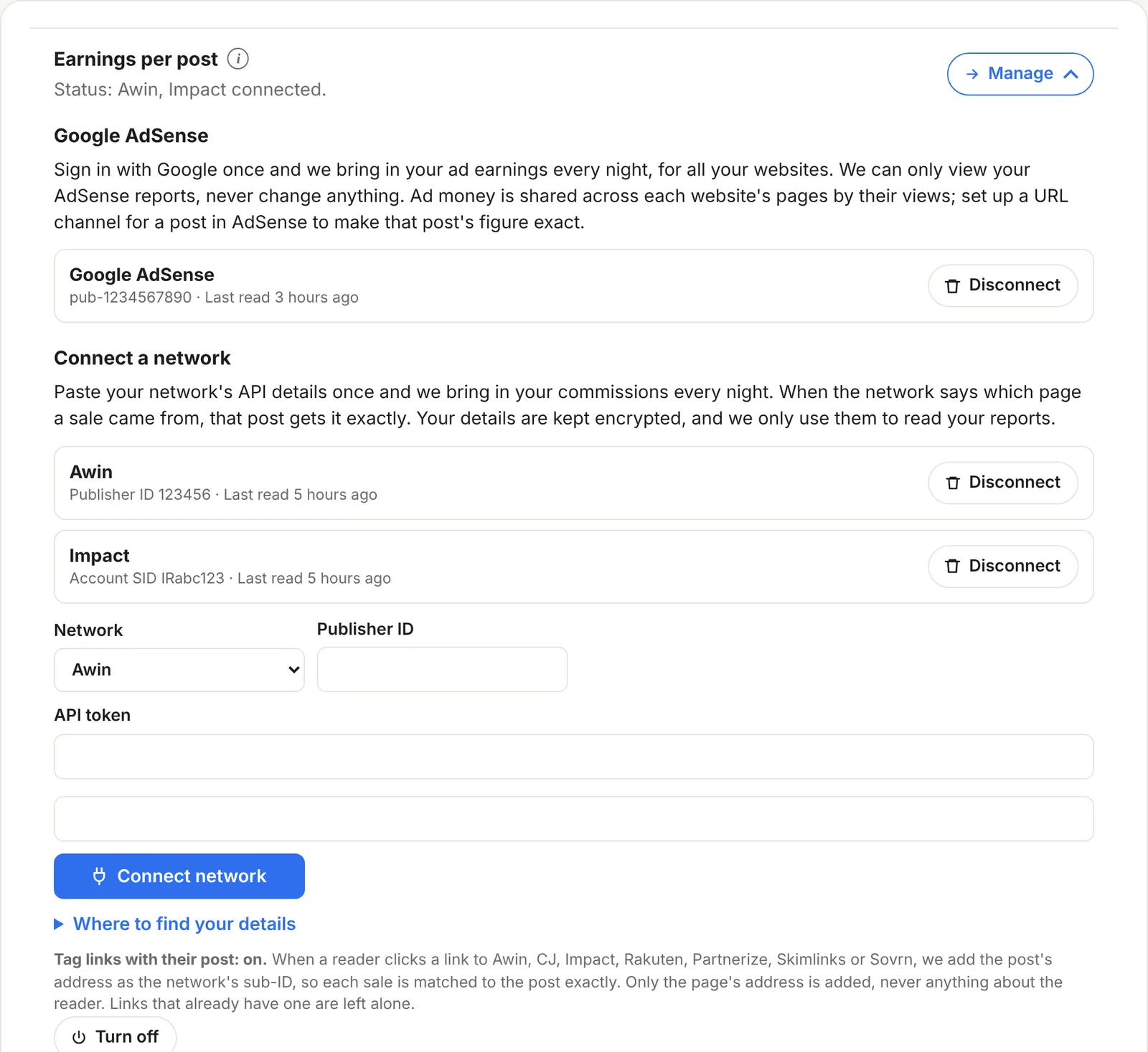 The Earnings per post settings with Awin and Impact connected, a form to connect another network, and Tag links with their post switched on