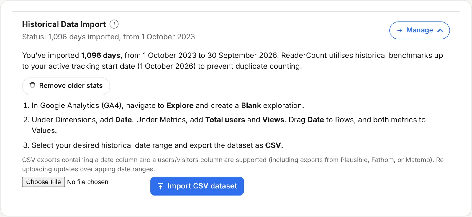 Settings › Historical Data Import: 1,096 days imported, from 1 October 2023 to 30 September 2026, with the Google Analytics steps and an Import CSV dataset button