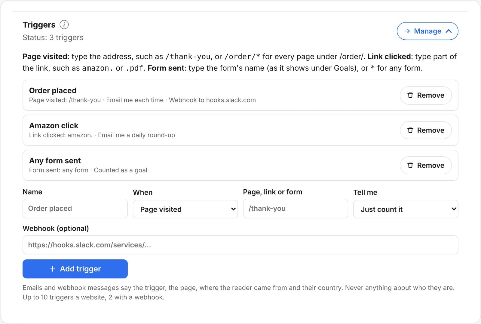 Settings › Triggers with three triggers: Order placed when /thank-you is visited, Amazon click when a link containing amazon. is clicked, and Any form sent