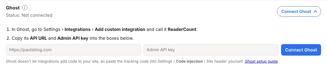 Connect Ghost in ReaderCount's settings, with boxes for the Ghost API URL and Admin API key