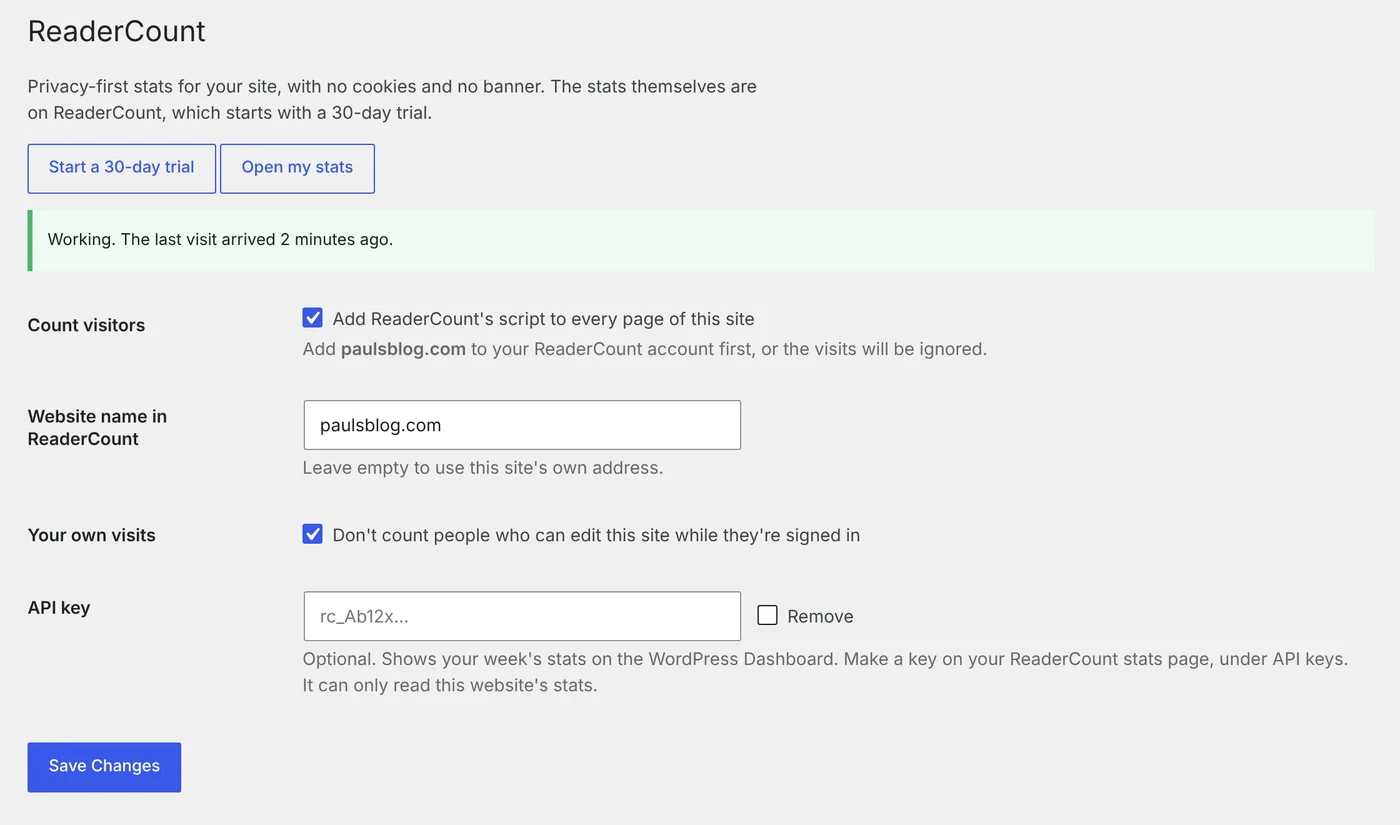 Settings, ReaderCount in WordPress: Count visitors, the website name, leaving out your own visits and the API key